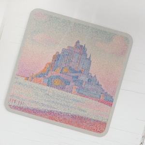 1897 Mont Saint-Michel Setting Sun | Historic Art Drink Coaster Set | Set of Four Birch Wood Drink Coasters | Row One