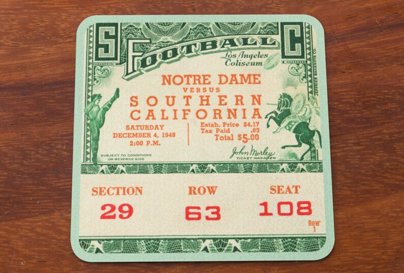 1948 USC Vs Notre Dame Football Ticket Stub Drink Coaster Set 4 Row 1948-usc-vs-notre-dame-football-ticket-stub-drink-coaster-set-4-row