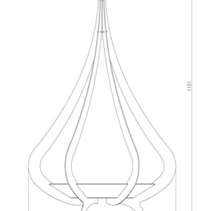 Peut inclure: Dessin au trait d'une lampe d&eacute;corative en bois. La lampe mesure 112,1 cm de haut et 73,4 cm de large. Le design pr&eacute;sente une s&eacute;rie de panneaux incurv&eacute;s en forme de goutte d'eau qui convergent vers le haut et reposent sur une base.