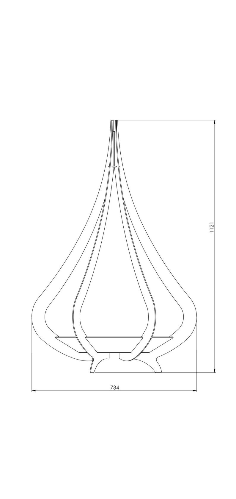 Peut inclure: Dessin au trait d'une lampe d&eacute;corative en bois. La lampe mesure 112,1 cm de haut et 73,4 cm de large. Le design pr&eacute;sente une s&eacute;rie de panneaux incurv&eacute;s en forme de goutte d'eau qui convergent vers le haut et reposent sur une base.