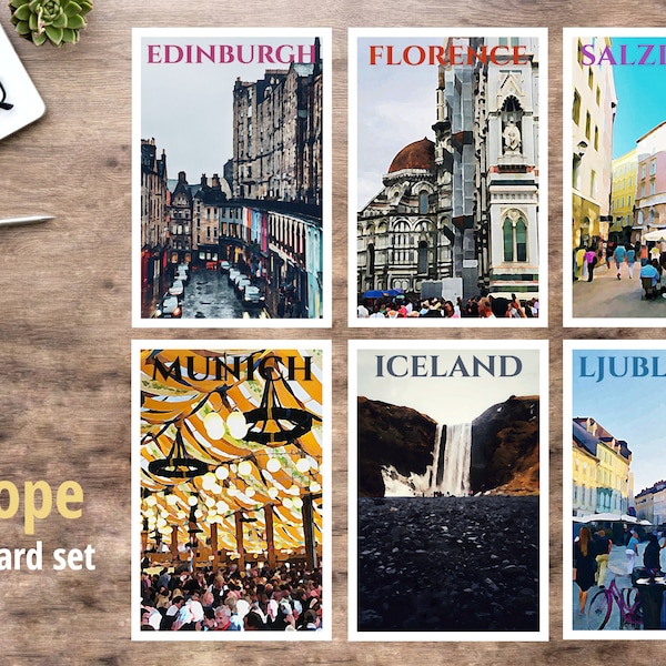 Moody Europe travel 6 postcards set | Travel pack | Collectible prints | Edinburgh, Florence, Salzburg, Munich, Salzburg, Ljubljana |