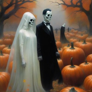 May include: A couple dressed in white and black, with skeletal faces, stand in a field of pumpkins. The bride wears a white gown and veil, while the groom wears a black suit and bow tie. The background is a foggy forest with trees and fallen leaves.