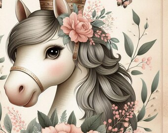 Vintage Cute Horse Illustration & Floral Nursery Art,  Printable Girls Room 12x12inc Decor, Charming Kids Wall Art Gift