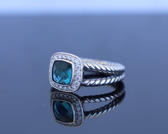 Anillo David Yurman Hampton Blue Topaz Albion de 7 mm, plata de ley con diamantes, talla 7.5.