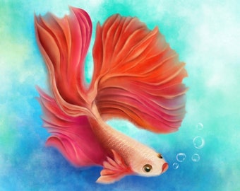Betta Fish Wall Art Print (Style B), Colorful Fighting Fish Painting, Unframed Matte Paper Poster