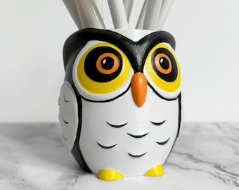 Owl Pen/Pencil Holder, 3D Printed & Hand Painted, Cute Office Desk Organizer Cup, in White Black Yellow Orange