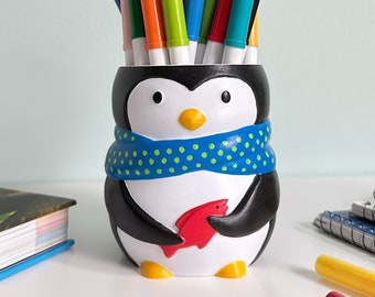 Penguin Pen/Pencil Holder, 3D Printed & Hand Painted, Office Desk Organizer Cup