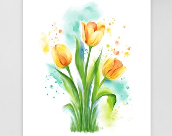 Yellow Tulips Wall Art Print, Colorful Floral Tulip Painting, Unframed Matte Paper Poster
