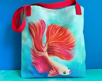 Betta Fish Tote Bag, Reusable Shopping or Grocery Bag, in Red & Blue