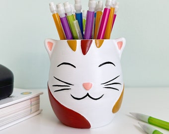 Cat Pen/Pencil Holder, 3D Printed & Hand Painted, Office Desk Organizer Cup