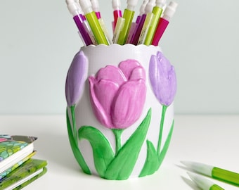 Floral Tulip Pen/Pencil Holder, 3D Printed & Hand Painted, Office Desk Organizer Cup