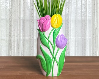 Colorful Tulip Vase, Hand Painted, Raised Flower Vase, 3D Printed, for Dry Flowers