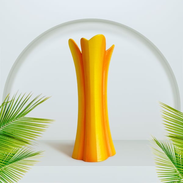 Yellow Orange Fluted Vase, Hand Painted & 3D Printed, Modern Abstract Vase, for Dry Flowers