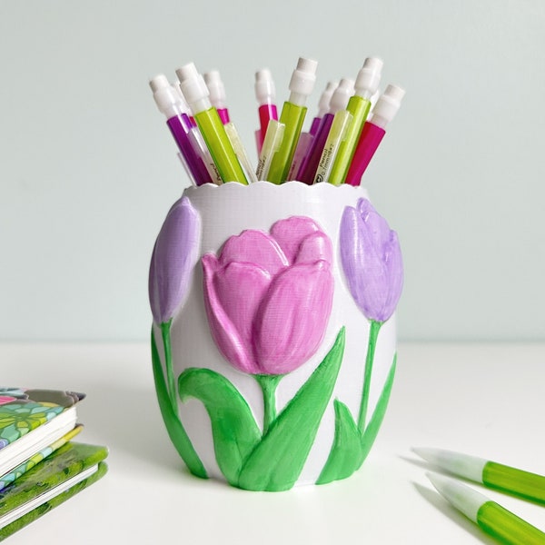 Floral Tulip Pen/Pencil Holder, 3D Printed & Hand Painted, Office Desk Organizer Cup