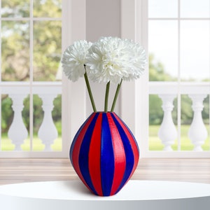 Small Red-Blue Vase, Hand Painted & 3D Printed, Round Fluted Striped Modern Vase, for Dry Flowers image 2