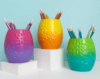 Ombre Hand Painted Pen Holder, 3D Printed Pencil Cup, Colorful Office Desk Organizer