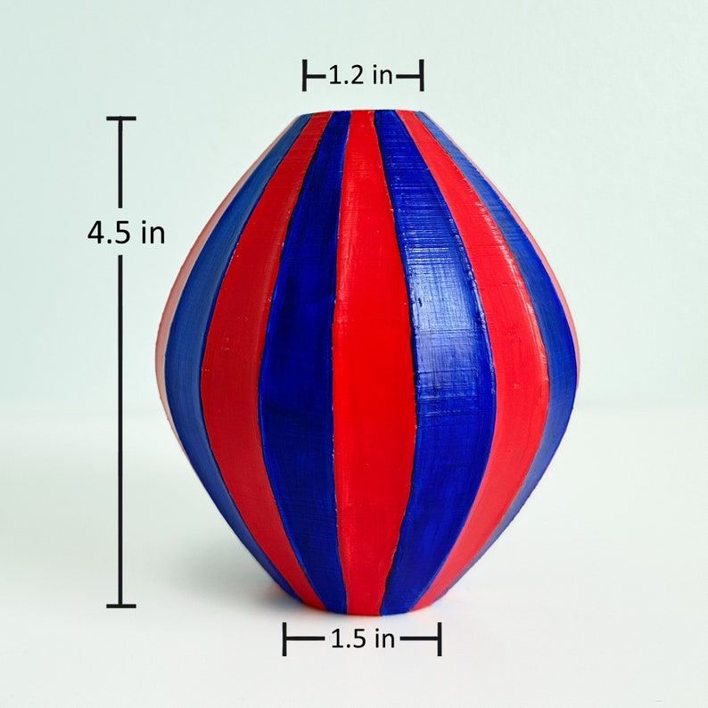 Small Red-Blue Vase, Hand Painted & 3D Printed, Round Fluted Striped Modern Vase, for Dry Flowers image 3