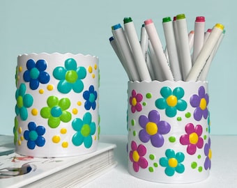 Flowery Pen Holder, Colorful Floral Pencil Cup, 3D Printed & Hand Painted, Office Desk Organizer