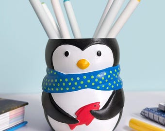 Penguin Pen Holder, Hand Painted Pencil Cup, 3D Printed Desk Organizer