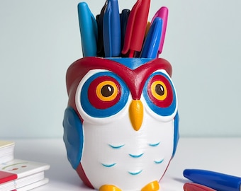 Hand Painted Owl Pen Holder, 3D Printed Desk Organizer
