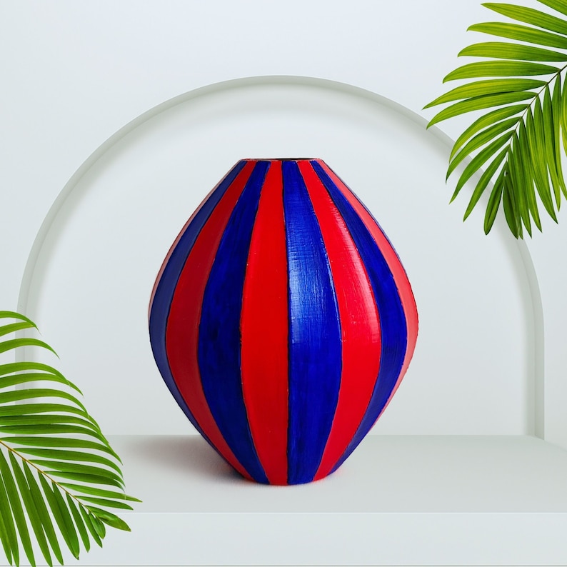 Small Red-Blue Vase, Hand Painted & 3D Printed, Round Fluted Striped Modern Vase, for Dry Flowers image 1