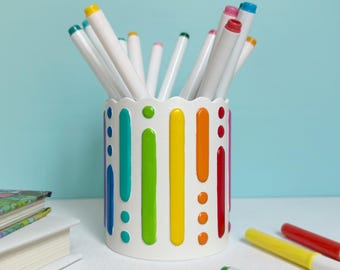 Rainbow Pen Holder, Hand Painted Colorful 3D Printed Pencil Cup, Fun Office Desk Organizer