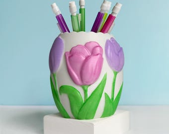 Floral Tulip Pen/Pencil Holder, 3D Printed & Hand Painted, Office Desk Organizer Cup