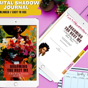 Könnte beinhalten: Ein digitales Journal mit dem Titel "Becoming the Best Me: A Soul Healing Journal for Black Women" mit einer farbenfrohen Illustration einer Frau, die Blumen hält. Das Journal ist verlinkt und einfach zu bedienen.