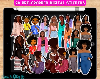 May include: 20 digital stickers featuring illustrations of Black women with different hairstyles, clothing, and accessories. The stickers are pre-cropped and ready to use.