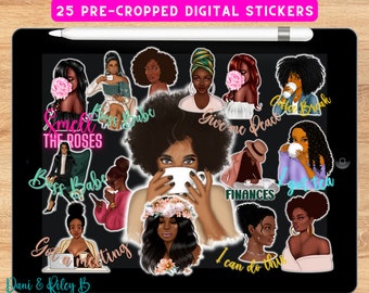 May include: A digital sticker set featuring 25 illustrations of Black women with various quotes and phrases. The illustrations are colorful and feature a variety of hairstyles and clothing. The quotes include "Smell the Roses", "Boss Babe", "Give me Peace", "Coffee Break", "I got tea", "Got a meeting", "Finances", and "I can do this".