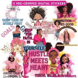 May include: A collection of 11 pre-cropped digital stickers with a pink and white theme. The stickers feature illustrations of women and motivational phrases like "Hustle Meets Heart" and "Keep the Faith".
