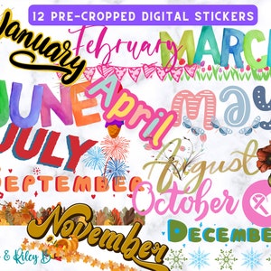 May include: Twelve digital stickers featuring the months of the year in a colorful watercolor style. Each month is depicted with a unique design and color scheme. The stickers are pre-cropped and ready to use.