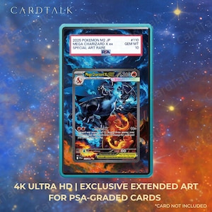 May include: A PSA-graded 2025 Pokemon M2 JP Mega Charizard X ex Special Art Rare trading card, labeled #110 GEM MT 10. The card features a dark dragon-like creature amidst blue and orange flames, encased in a protective slab with a teal border.