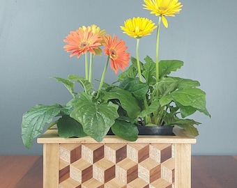 Wooden planter box with geometric cubes