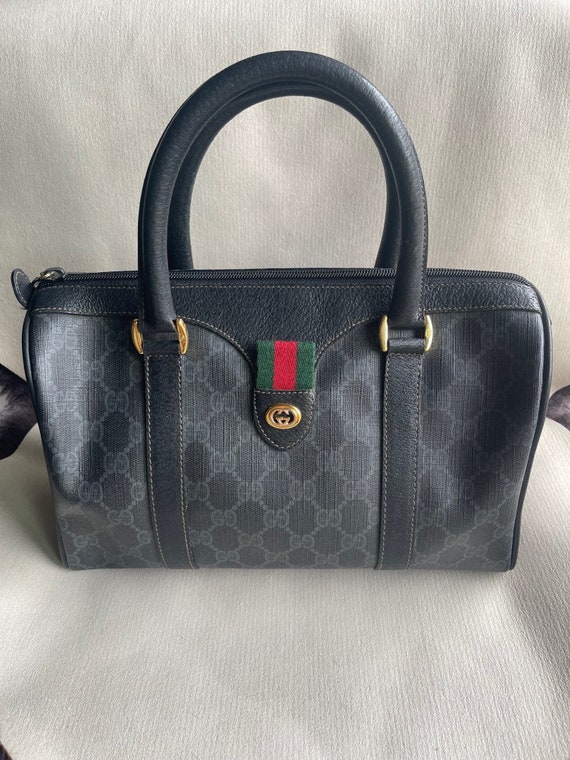 Vintage Gucci 1980s Boston Bag Blue Canvas Very Good Preowned 