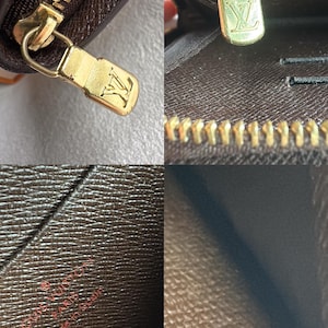 May include: A brown leather wallet with a gold zipper and a Louis Vuitton logo. The wallet is made in France.