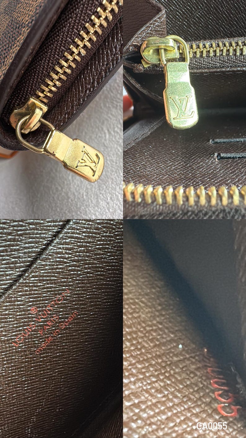 May include: A brown leather wallet with a gold zipper and a Louis Vuitton logo. The wallet is made in France.
