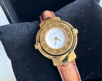 Rare Vintage GUCCI Stainless Steel Gold-plated Logo Swivel Watch