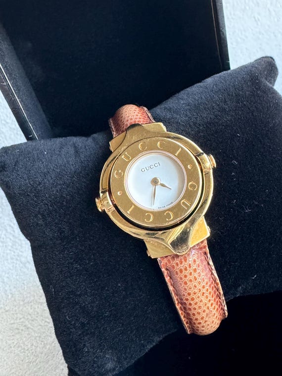 Rare Vintage GUCCI Stainless Steel Gold-plated Logo Swivel Watch