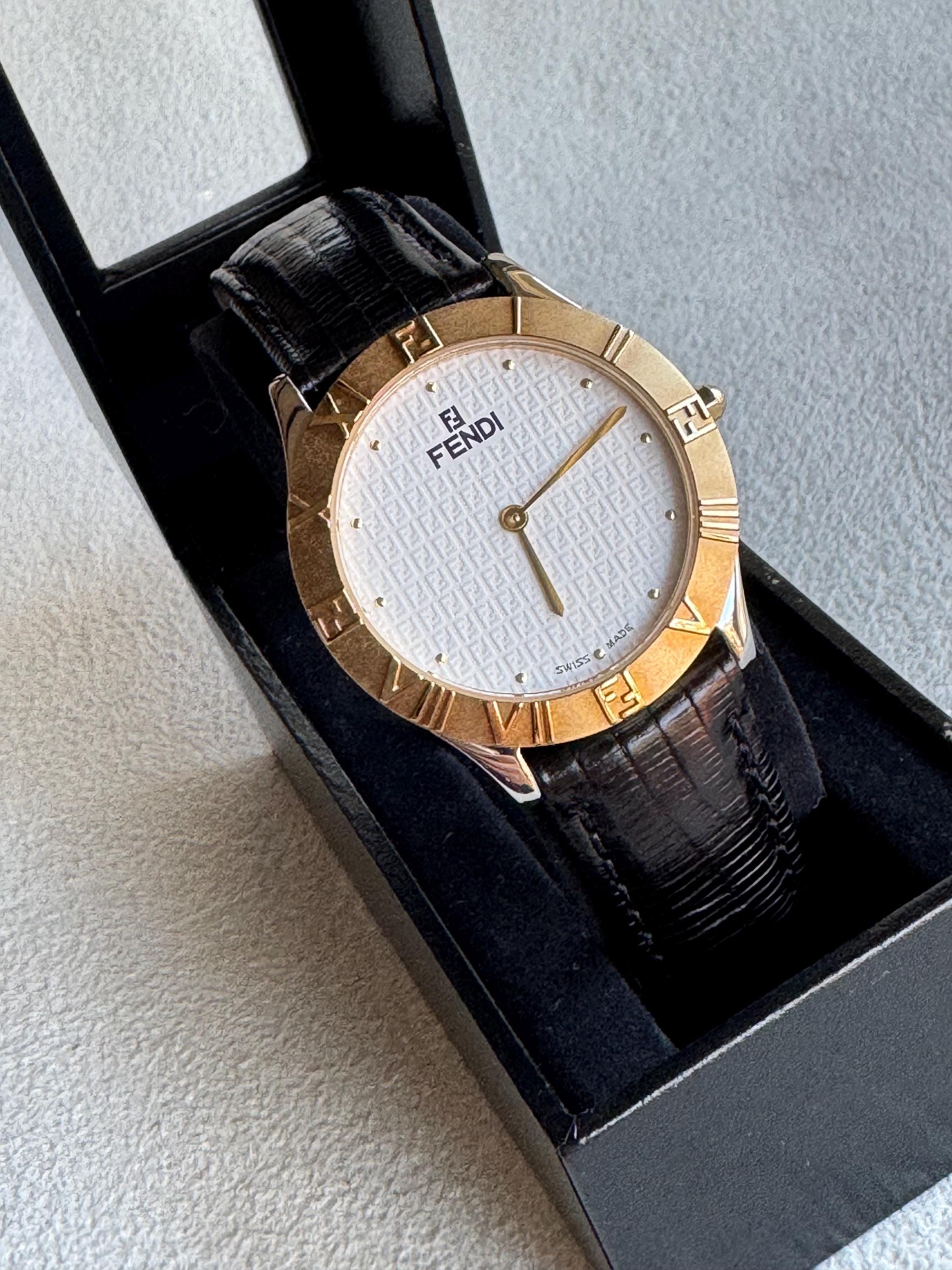 FENDI watch black leather band with chrome hardware With RARE black face Vintage Gold Fendi Watch with Black Leather Embossed Band  main image 4