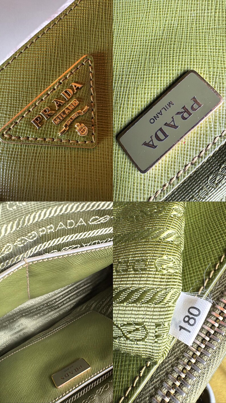 May include: Close-up of a green leather Prada handbag. The image shows the Prada logo in gold on a triangle-shaped patch and a rectangular patch. The interior lining is visible, along with a tag with the number 180.