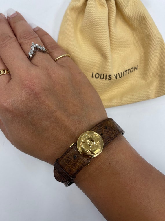 Louis Vuitton Gold Tone Save It Brown Monogram Canvas Wide Cuff Bracelet 17 Louis  Vuitton