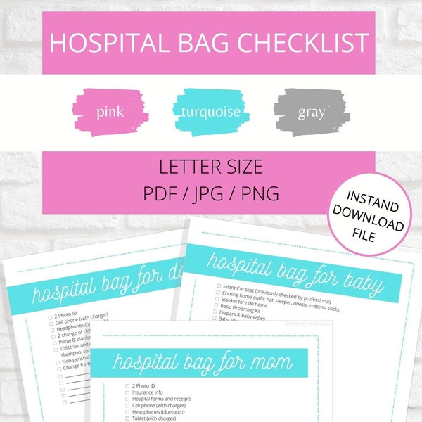 Hospital Bag checklist for Mom, Dad and Baby, Birth Planner, Packing List for Labor and Delivery | Printable Download | Turquoise