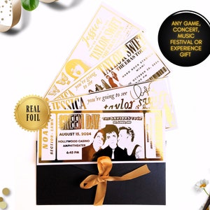 Physische personalisierte Goldfolie Konzertkarte, jede Veranstaltung, Musikfestival, Fußballspiel Überraschung offenbaren Geschenk, Memory Box Idee, Fake Ticket