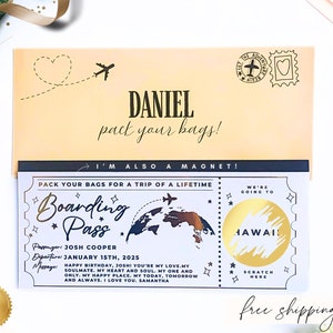 Gold Foil Scratch Holiday Reveal With Magnet, Surprise Holiday Announcement for Anniversary, Birthday Boarding Pass, Experience Gift Voucher