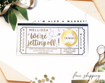 Gold Foil Scratch Holiday Reveal With Magnet, Surprise Holiday Announcement for Anniversary, Birthday Boarding Pass, Experience Gift Voucher