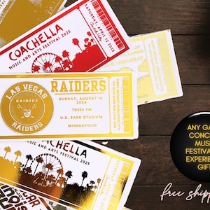 Physical Personalized Gold Foil Event Ticket with Magnet, Any Concert, Music Festival, Football Game Surprise Reveal Gift, Memory Box Idea
