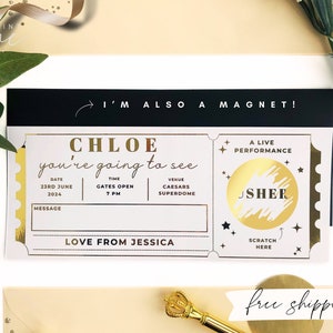 Physical Personalized Gold Foil Concert Ticket with Magnet, Custom Scratch Gift Card, Gig Surprise Memorabilia or Broadway Theatre Ticket