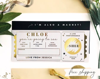 Physical Personalized Gold Foil Concert Ticket with Magnet, Custom Scratch Gift Card, Gig Surprise Memorabilia or Broadway Theatre Ticket