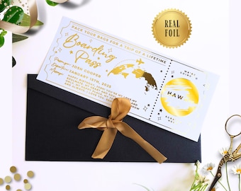 Gold Foil Scratch Holiday Reveal Fake Ticke, Surprise Holiday Announcement for Anniversary, Birthday Boarding Pass, Experience Gift Voucher